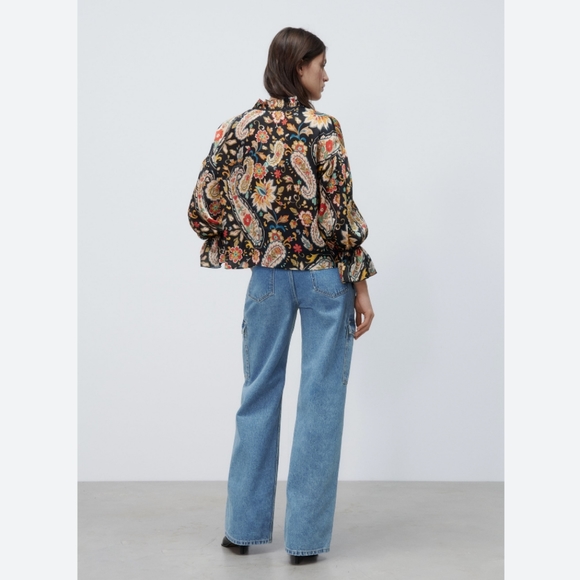 Zara Black, Rust, Ivory & Turquoise Boho Paisley Floral Cropped Gauzy Blouse - Picture 3 of 12